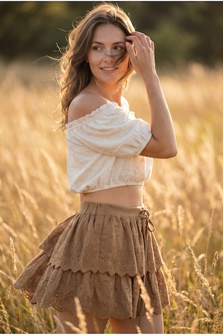 Fashion Cocktail Süper Mini Astarı Şortlu Delikli Fisto Nakışlı Etek Ucu Oymalı Büzgülü Bohem Mini Etek Şort Kordonlu Etnik Tatil Plaj Sahil Dantel Beli Lastikli Bağlamalı Kadın Kısa Şort Kahverengi