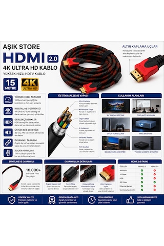 Hdmı 2.0 Kablo 15 Metre Örgülü Altın Uçlu 4k Ultra Hd 18gbps Hdr Yüksek Hızlı Tv Monitör Projeksiyon Ps5 Xbox Laptop