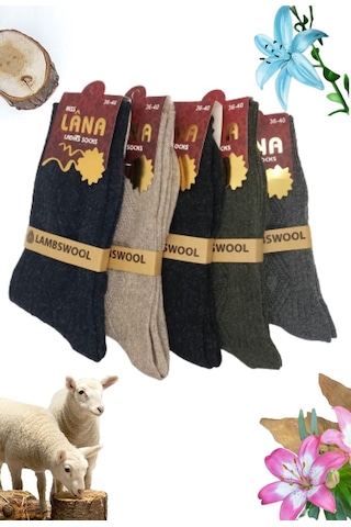 Miss Lana Ladies Socks Bayan Çorap 5 Çift Kışlık Yün Çorap Lambswool Özel Kuzu Yünlü Kadınlar İçin Termal Özellikli Siyah