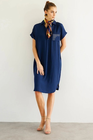 Desen Triko Kadın Polo Yaka Cebi Zincir Detaylı Elbise 25819 Indigo Indigo