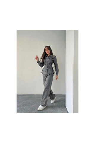 Bluemarlin Kuşaklı Kar Siyah Ceket Pantolon Denim İkili Takım Kar Siyah