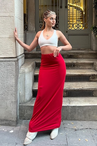 Kahverengi Maxi Basic Etek Kırmızı