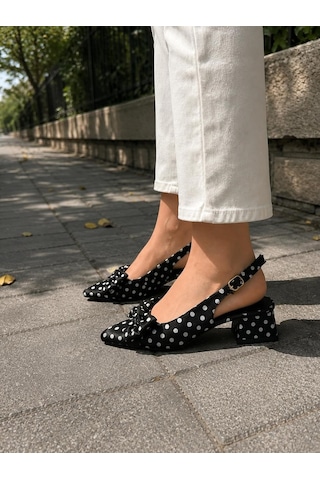 Asmi Shoes Kadın Mina Siyah Saten Puantiyeli Fiyonk Detaylı Arkası Açık 4 Cm Topuklu Ayakkabı
