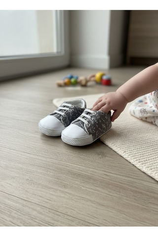 Balbeybi Bebek Klasik Müzik Notalı Ayakkabı Kaydırmaz Taban İlk Adım Ortapedik Yumuşak Taban Günlük Gri