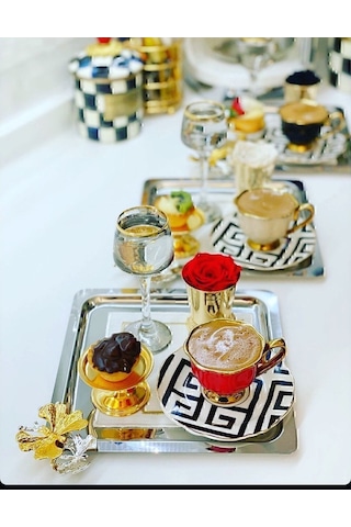 Paslanmaz Çelik Kare Model 6 Lı Kahve Tepsisi Kelebek Aksesuarlı Lüx Sunum Renkli