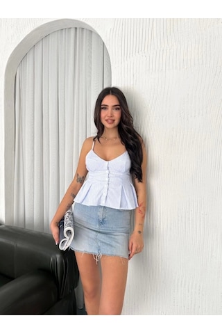 Askılı Dekolte Deraylı Crop - Açık Mavi Açık Mavi