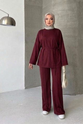 Thiff Tesettür Önü Bağlamalı Oversize Çimalı Modal Takım Bordo