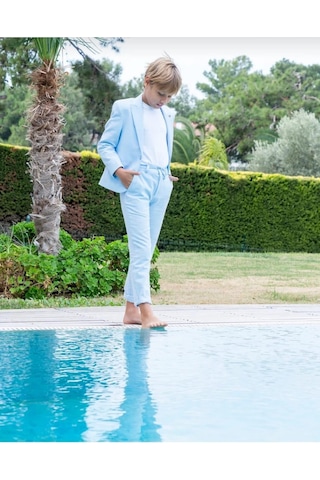 Erkek Çocuk Mavi Takım Elbise Keten Spor Takım Ceket Pantolon Tişort 3-14 Yaş Mavi