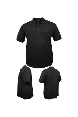 Erkek Büyük Beden 115 - 155 Kilo Arası Uygun Bedenli Likralı Pike Polo Yaka Cepli Tişört SIYAH