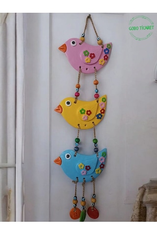 3'lü El Boyaması Dekoratif Kuş Duvar Ve Balkon Süs Boncuklu Pembe