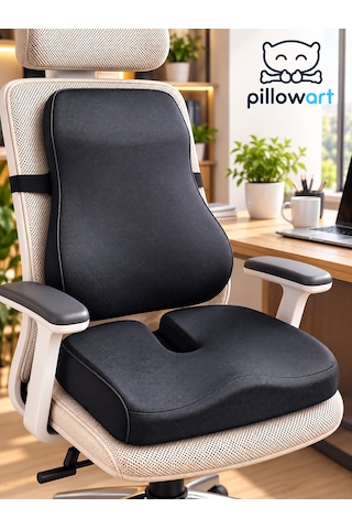 Pillowart Ortopedik Visco Minder 2 Li Set Sırt Bel Omurga Destekli Yastık Ve Kuyruk Sokumu Oturma Minderi