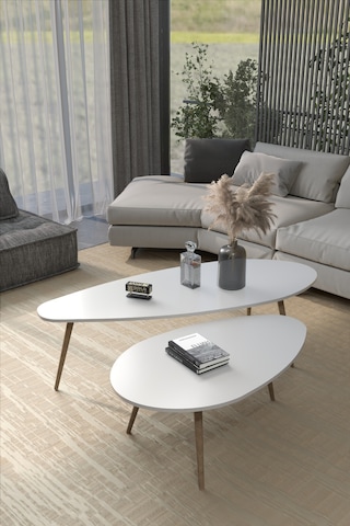 Orta Sehpa Seti Modern 2 Li Ahşap Ayaklı Salon Oturma Odası Dekoratif Sehpa Takımı 8888 Ceviz Efes Beyaz