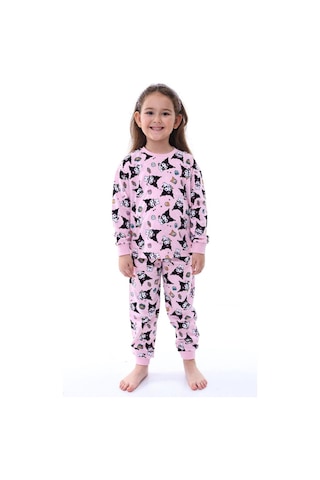 Kız Çocuk Kedi Desenli Uzun Kollu Pijama Takımı-913 Pembe