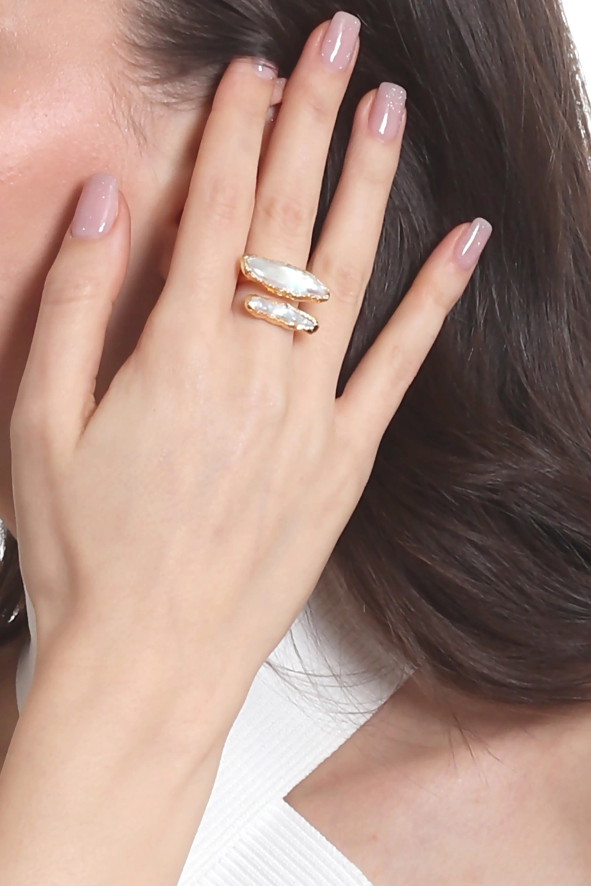 Labalaba Kadın İki Telli El Yapımı Tasarım İnci Yüzük Altın