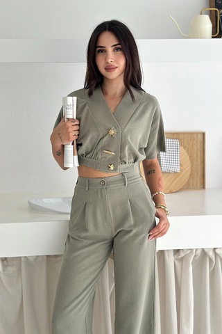 Düğme Detaylı İkili Takım Haki Haki