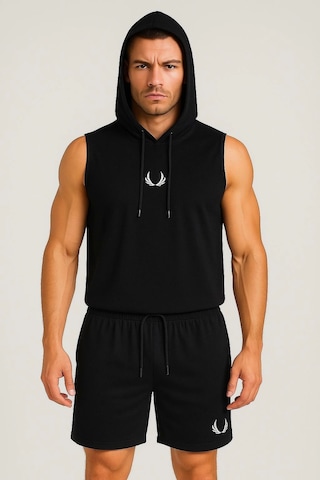 Erkek Lette Kapüşonlu Armalı Esnek Kolsuz Siyah Şortlu Takım Siyah