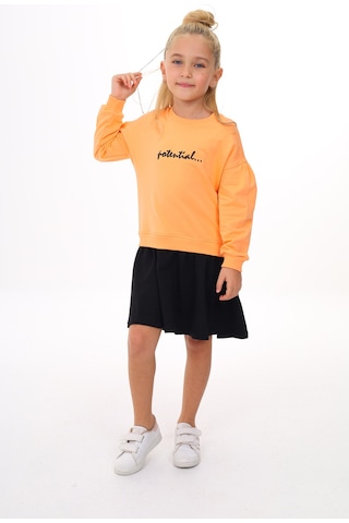 Toontoy Kız Çocuk Baskılı Relax Fit Bisiklet Yaka Uzun Kollu Elbise - Renk Bloklu - Tk24346 Turuncu