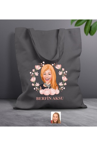Bk Gift Kişiye Özel Anneler Günü Karikatürlü Antrasit Kumaş Bez Çanta, Baskılı Omuz Çantası, Alışveriş Çantası, Anneye Hediye-3 Antrasit