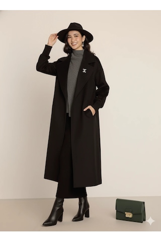Kadın Siyah Kaşe Uzun Kaban Maksi Boy Palto Geniş Yakalı Düz Kesim Kışlık Siyah