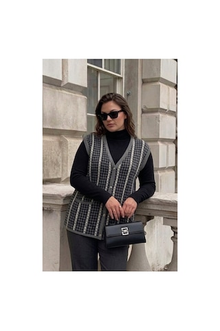 Onno Style Women Kazayağı Desen Renkli Çelik Örgü Triko Kadın Yelek Gri