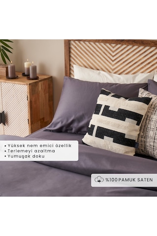 %100 Pamuk Saten Supreme Basic Çift Kişilik Nevresim Seti Antrasit 200x220 Cm