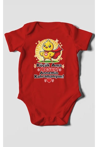 Morivokids Küçük Ama Cesur Annemin Kahramanıyım Kısa Kollu Bebek Body %100 Pamuk Kırmızı