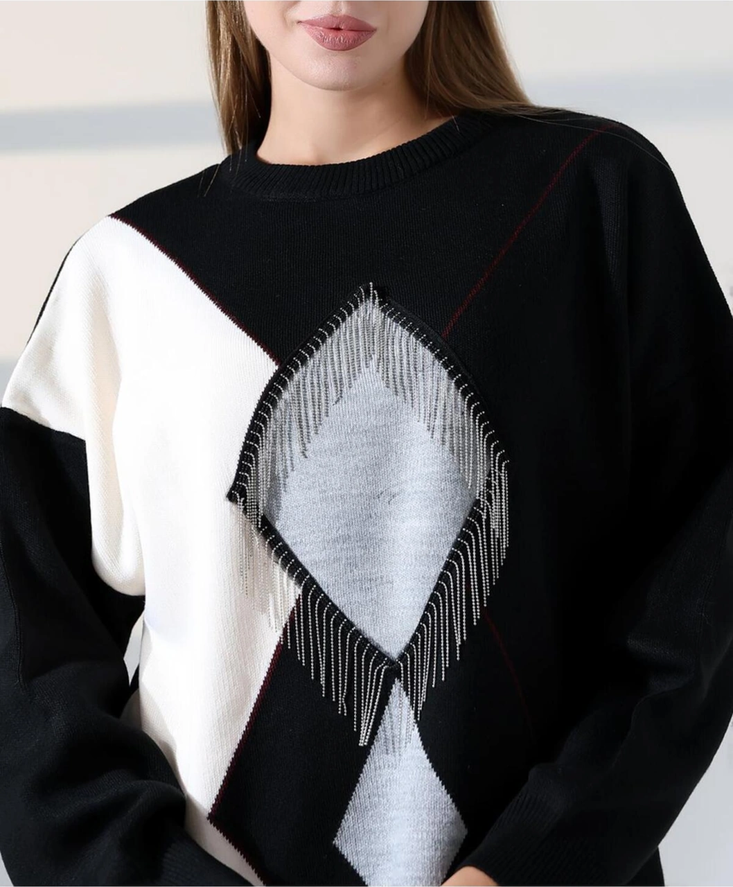 Redmina Fashion Geometrik Desenli Oversize Kadın Kazak Siyah - Beyaz Gri