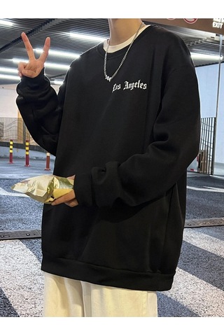 Unisex Oversize Los Angeles Baskılı Bisiklet Yaka Sweatshirt Siyah