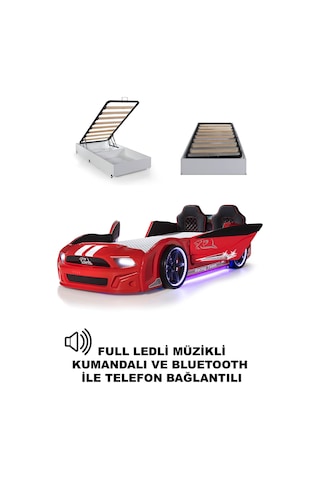 Bazalı Arabalı Yatak Kırmızı Kapıları Açılan Mustang Full Ledli Kumandalı Ve Müzikli 90x190 Cm