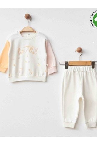 Zekids Kız Bebek Kalp Desenli Love Yazılı Organik Eşofman Takım-15472 Çok Renkli