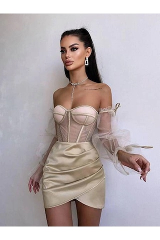 Havens Rosalıne Tül & Saten Detaylı Elbise Krem