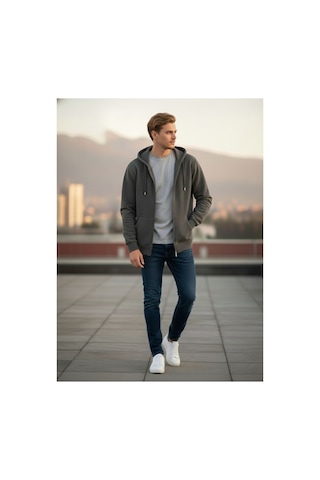 Mellorenzo Erkek Kapşonlu Fermuarlı Sweatshirt Koyu Gri Koyu Gri
