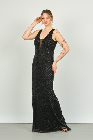 Gatsbylady London Kadın Sırt Dekolteli Full Taş İşlemeli Uzun Abiye Elbise 2510 Siyah