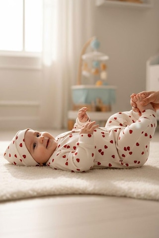 Breeze Kız Bebek Tulum Sevgi Temalı Kalp Desenli 0-6 Ay, Krem Krem