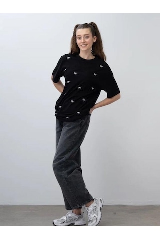 Zekids Kız Çocuk Fiyonk Nakışlı Oversize Tshirt-15536 Siyah Beyaz