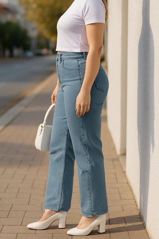 Cedy Denim Cedy Denım - Kadın Büyük Benden Boru Paça Yüksek Bel Regular Fit Likralı Pantolon C626 Açık Mavi