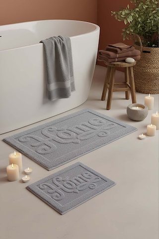 Açık Gri Home Kabartmalı Pamuklu 2 Li Banyo & Klozet Paspas Takımı Gri