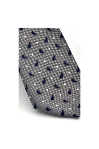 Gaffy Beyaz Lacivert Desenli Gri Dokuma Kumaş Mendilli Slim Fit Kravat // Sdk-2612-3 Gri