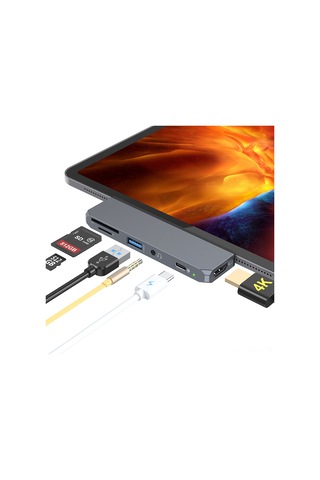 Springsun İpad Uyumlu Pro 2018 İçin 6-1 Usb-c Hub: 4k Hdmı, 60w Pd Şarj, Usb 3.0, Sd/tf Kart Okuyucu, 3.5mm Ses Portu - Alüminyum Gümüş
