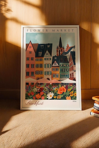 Frankfurt Almanya Çerçeveli Tablo Seyahat Severlere Salon Ve Ofis İçin Estetik Duvar Dekoru Travel Flower Market