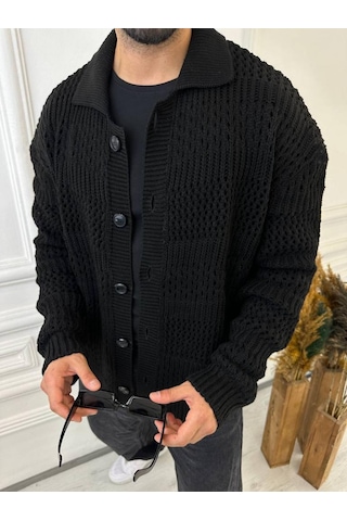 Elku Moda Hırka Oversize Özel Örgülü Triko Desenli Salaş Örgü Hırka Siyah