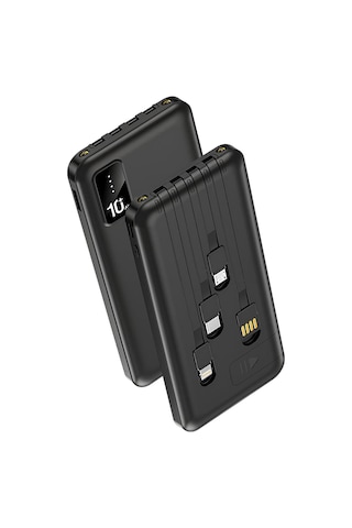 10000mah Powerbank Kendinden Kablolu Led Işıklı Taşınabilir Şarj Aleti Telefon Standlı Siyah
