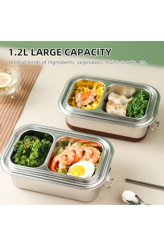Leezsing 304 Paslanmaz Çelik Öğle Yemeği Kutusu Çift Katmanlı 3 Bölmeli 1.2l Dikdörtgen Bento Kutusu Silikon Tabanlı