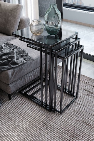 Dekoport Mira 3lü Zigon Sehpa C Sehpa - Yan Sehpa Füme Cam Siyah Füme