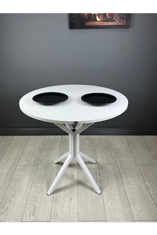 Saray Beyaz Yuvarlak Mutfak Masası Yemek Masası Balkon Masası Metal Beyaz Ayak 80 Cm