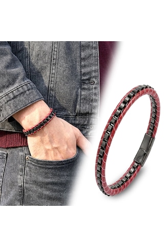 Moncuk Design Siyah Çelik Zincir Örgülü Ve Kırmızı Deri Erkek Bileklik 33514b24d2 Kahverengi