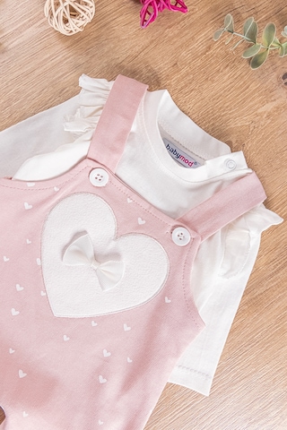 Kalp Desenli Fiyonklu Kız Bebek Tulum Salopet Takım Somon