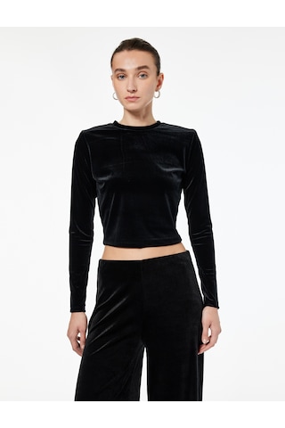 Koton Uzun Kollu Bisiklet Yaka Slim Fit Kadife Crop Tişört Siyah 6wak50046ek Siyah