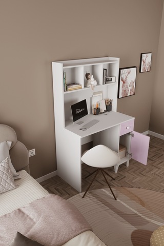 Df09106 Çekmeceli Kapaklı Kitaplıklı Çalışma Masası Bilgisayar Masası Pembe