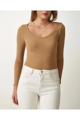 Freedom Storee Kadın Fitilli Likralı Body Crop - Camel Çok Renkli